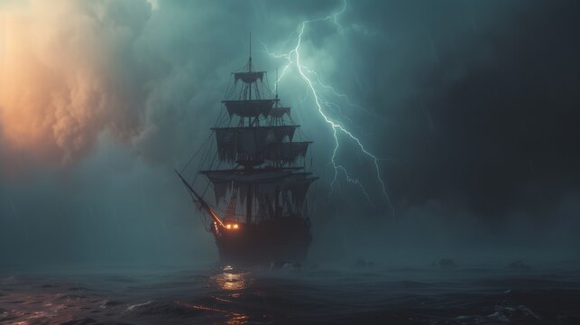 Sailing ship in sea water in rain thunderstorm.