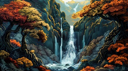 iceland tall waterfall landscape abstract art poster background