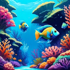 Fototapeta na wymiar Colorful Tropical Fish Swimming Painting