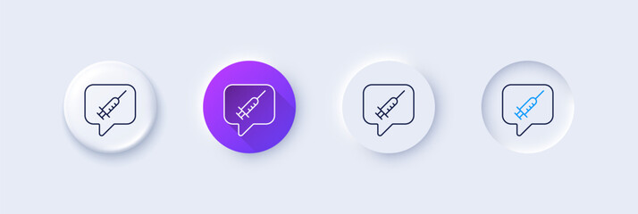 Vaccine message line icon. Neumorphic, Purple gradient, 3d pin buttons. Vaccination syringe sign. Jab symbol. Line icons. Neumorphic buttons with outline signs. Vector - obrazy, fototapety, plakaty