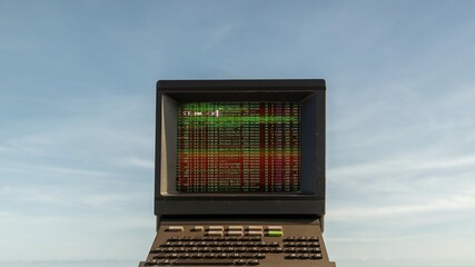 computer on a beach with data and code on screen - 801250757