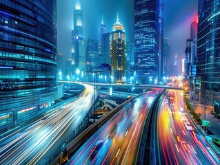 mesmerizing scene: the city at night, alive with the blur of motion. Cars streak by like shooting stars, leaving trails of light in their wake. Amidst modern urban architecture, 