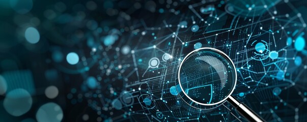 Close-up of a magnifying glass on a digital cyber forensics technology background