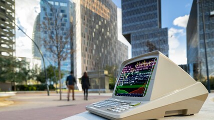 computer with city skyscraper skyline and code and data on screen - 801250954