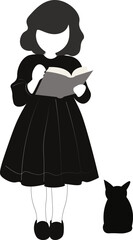 silhouette of a girl with a book and a cat