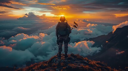 Fototapeta premium Indian army soldier with National flag of India standing at the mountain. Sunset background, sunrise background, Happy Independence Day