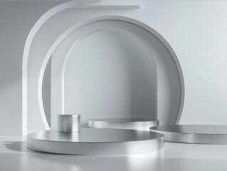 Backgrounds Silver metallic Podium Stand Template 3D rendering