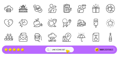 Broken heart, Charging station and Apple carrot line icons for web app. Pack of Video conference, Cloud server, Dish plate pictogram icons. Airplane, Survey checklist, Charging time signs. Vector