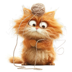An adorable fluffy orange cat with large, expressive eyes, caught in a playful moment with a ball of yarn - AI Generated Digital Art