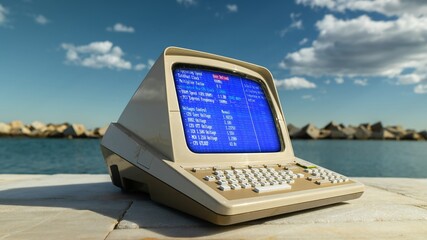 computer on a beach with data and code on screen - 801251188