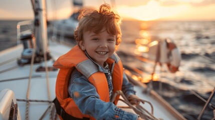 Portrait of a little girl with lifejacket on deck of a yacht in sea.