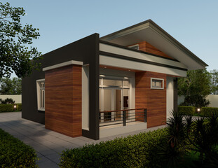 3D Rendering A small 1 storey house, nice to live, simple design, modern tropical house, beautiful with parking space and garden.