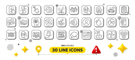 Money app, Cyber attack and Puzzle line icons pack. 3d design elements. 5g internet, Reject refresh, Hydroelectricity web icon. 5g phone, Cherry, Shuttle bus pictogram. Vector