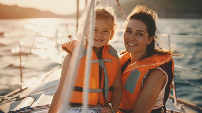 Portrait of a little girl with lifejacket on deck of a yacht in sea.
