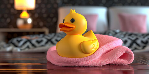 Fun bath time for kids shown by rubber duck with towels