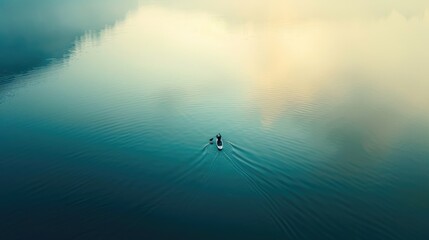An aerial perspective of a boat peacefully floating on a serene lake, creating a perfect circle in the calm water below, with the horizon and atmospheric phenomenon enhancing the beautiful landscape