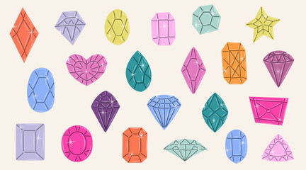 Set of colorful jewels. Gemstones in hand drawn style. Symbols collection of diamonds, brilliants, quartz, minerals, crystals and gems. Vector doodle illustration. 
