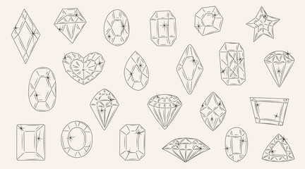 Set of outline jewels. Gemstones in hand drawn style. Symbols collection of diamonds, brilliants, quartz, minerals, crystals and gems. Vector doodle illustration. 