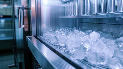 Close up of ice cubes in a freezer section ice machine in a restaurant for refreshing beverages