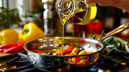 Pouring Olive Oil into a Cooking Pan: Ideal for Food Blogs and Recipes. Concept Food Photography, Cooking Tips, Recipe Ideas, Food Styling