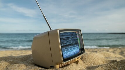 televisions with glitch next to the sea - 801252146