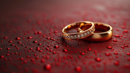 Elegant close-up of two golden wedding rings on a sparkling red background symbolizing love and commitment