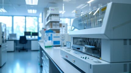 Studio shot providing a detailed and realistic view of proteomics equipment, such as mass spectrometers, engaged in the analysis of complex protein samples