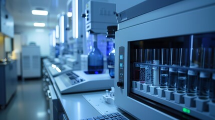 Studio shot providing a detailed and realistic view of proteomics equipment, such as mass spectrometers, engaged in the analysis of complex protein samples