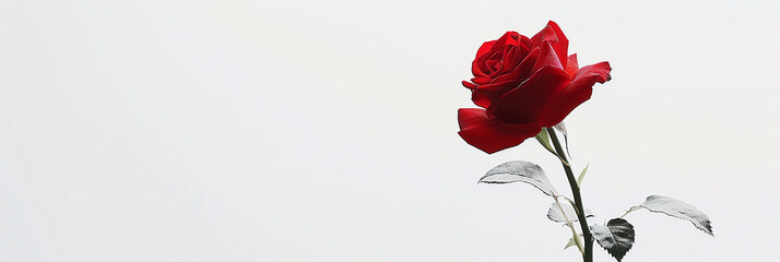 A red rose with white leaf on the white background