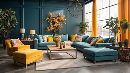 Blue and Yellow Modern Living Room Interior Design