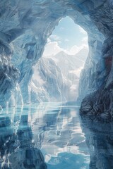 Ice cave with a view of a mountain lake