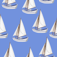 White yacht with sails on a blue background, seamless pattern. Vector pattern for textiles, summer designs.