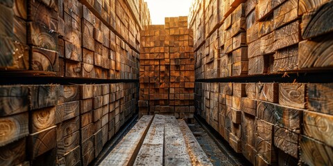Stacks of wooden planks at a lumber yard