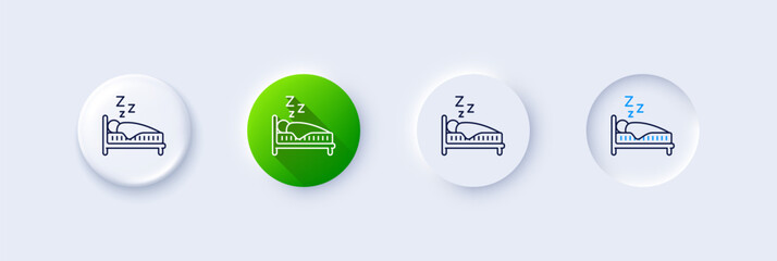 Sleep line icon. Neumorphic, Green gradient, 3d pin buttons. Night rest bed sign. Human bedtime symbol. Line icons. Neumorphic buttons with outline signs. Vector