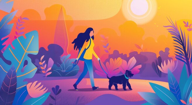 ilustraci&oacute;n de mujer paseando perro