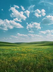 Fototapeta premium Green rolling hills under blue sky with white clouds