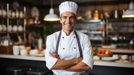Smiling chef standing with arms crossed in restaurant kitchen