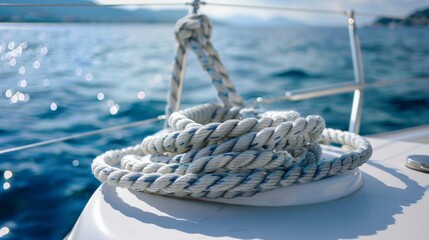 White rop on luxury yacht in sea water.