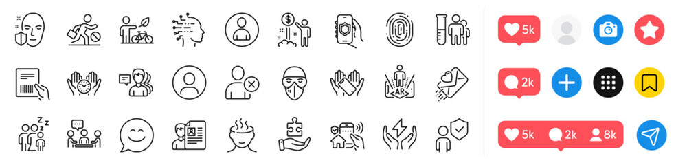Medical mask, Safe time and Eco bike line icons pack. Social media icons. Medical analyzes, House security, Face protection web icon. Love letter, Jobless, Smile chat pictogram. Vector
