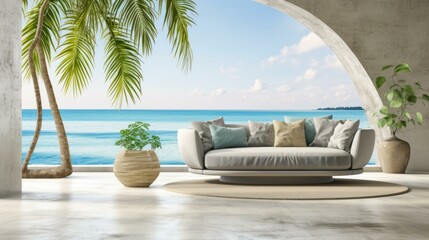 Fototapeta premium Modern coastal living room interior with curved sofa and ocean view