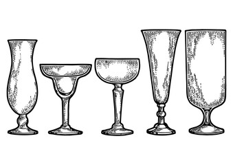 Cocktail glasses set sketch engraving PNG illustration. Scratch board style imitation. Black and white hand drawn image.