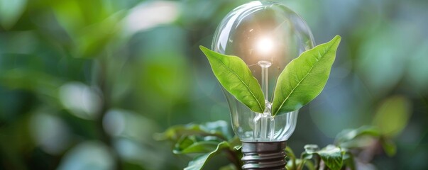 Green energy innovation: Light bulb with glowing filament and fresh green leaves symbolizing eco-friendly solutions