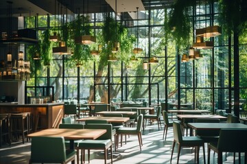 Modern restaurant interior with large windows and green plants