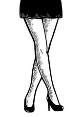 Young woman crossed legs in short sexy mini skirt sketch engraving PNG illustration. Scratch board style imitation. Black and white hand drawn image.