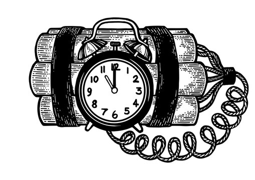 Time bomb explosive dynamite sketch engraving PNG illustration. Scratch board style imitation. Black and white hand drawn image.