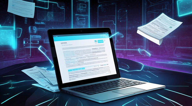 Illustration of digital files and laptop on neon background. Working with documents online, digitalization and data storage concept