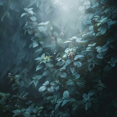 Close-up of green leaves with water drops in the morning sunlight