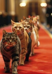 A group of cats walking down a red carpet - obrazy, fototapety, plakaty