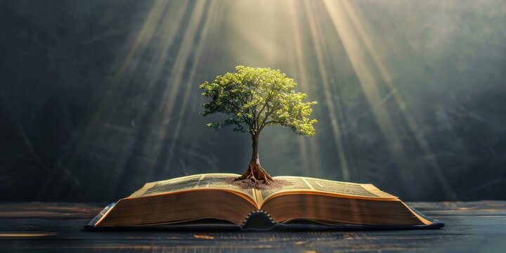 rays of light shining through the pages of an open book with a small tree growing from it