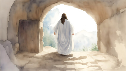 Watercolor Painting of Jesus Christ Emerging from the Tomb, Symbolizing Spiritual Renewal and Faith in Resurrection